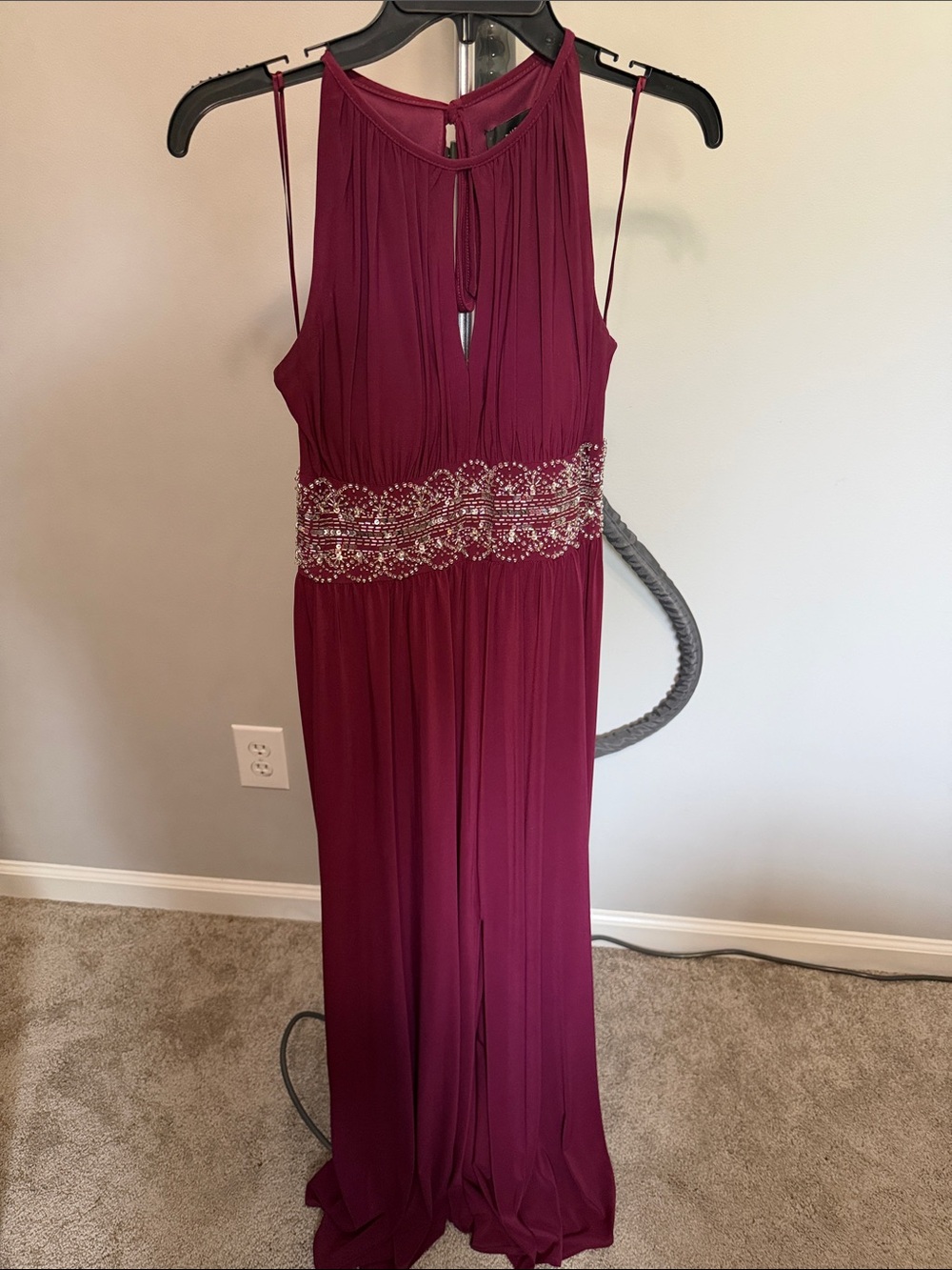 R&M Richards Wine Halter Gown with Beaded Waist